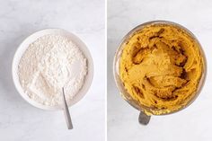 two pictures side by side showing the mixing process for pumpkin pie