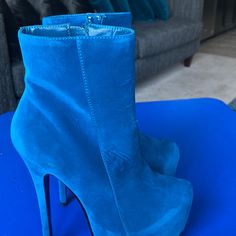 These Ankle Boots Would Be Great To Add To Any Collection. Brand New Never Worn But Has A Imperfection In The Leather Suede Due To Sitting In The Box Blue High Ankle Heels For Party, Blue Platform Boots For Party, Fitted Blue Ankle Boots, Blue High Heel Platform Boots For Party, Blue Fitted Ankle Heeled Boots, Fitted Blue Ankle Heeled Boots, Winter Blue Platform Boots, Blue Ankle-high Platform Boots, Blue Ankle-high Heeled Boots For Winter