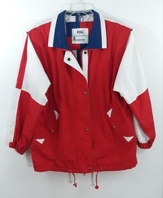 "80's Men's Jacket Rare Authentic Vintage Yacht Boating Sports Outerwear Red White Blue Bomber Hoodie Classic Coat Size S by LONDON FOG Super cool rad authentic! Rare fresh lux. This gorgeous 1980's vintage rarity is in crisp super fresh like new condition. Navy blue, white and red color block in polished cotton, dramatic 80's shoulders, very constructed and padded. Vest cut styling, cotton lined, water repellant, red zipper down front with snaps on foldover front flap. Brass snaps down front wi Retro Red Windbreaker With Pockets, Red Retro Windbreaker With Pockets, Retro Red Sports Windbreaker, Retro Red Windbreaker For Sports, Retro Red Sports Outerwear, Retro Red Track Jacket For Outdoor, Red Retro Track Jacket For Outdoor, Vintage Yacht, London Fog Jacket