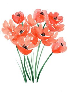 watercolor painting of red flowers with green stems