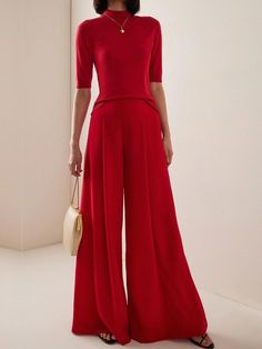 Lasaky - Casual Elegance Wide Leg Pants with a Relaxed Fit Full Red Outfit, Wes Gordon, Skirt And Top Dress, Gown Suit, High Waist Wide Leg Pants, Style Pants, Urban Style, Celebrity Dresses, Casual Elegance