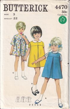 Vintage 1965 Butterick 4470 Sewing Pattern Girl's One-Piece Dress or Jumper Dress. A-Line dress or jumper with front and back inverted pleats has high yoke with or without contrast collar. Optional button or ribbon trim. Short sleeves, elbow length bell-shaped sleeves, or sleeveless. Purchased sweater. 9 pieces.  Size:  3 Breast: 22 ins Waist: 20-1/2 ins Printed pattern includes instruction sheet. Pieces are cut, complete and in excellent condition. Vintage Kidswear, Vintage Girls Dress Pattern, 1960s Dresses, Vintage Girls Dresses, Girl Dress Pattern, Sewing Patterns Girls, Girls Jumpers, Butterick Pattern, Butterick Sewing Pattern