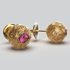 Rhodolite Garnet Gold Stud Earrings with Sashiko Pattern. The earrings can be customised with a gemstone on request, the price may vary. Discover timeless elegance with our Italian-crafted 14k or 18k gold earrings, adorned with natural 4 mm Rhodolite Garnet. Featuring a charming spherical design and intricate Sashiko star pattern openwork, these earrings exude sophistication. Available in yellow, rose, or white gold, each earring measures 11mm in diameter. Elevate your style with these exquisite Yellow Gold Fusion Earrings For Formal Occasions, Yellow Gold Fusion Earrings For Formal Events, Formal Fusion Yellow Gold Earrings, Sashiko Pattern, Garnet And Gold, 18k Gold Earrings, Black Gift Boxes, Rhodolite Garnet, Sashiko