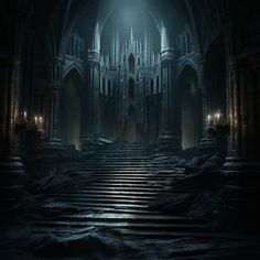 an image of a dark castle with stairs leading up to the altar and light coming from behind