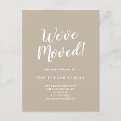 we've moved announcement card with the words, we've moved on it