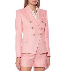 Pale Pink Wool Blazer - Structured Shoulders- Double-Breasted Closure- Six Embossed Gold-Tone Buttons- Two Flap Pockets And One Flat Chest Pocket 100% Cotton,Color Is Pale Pink Luxury Pink Blazer With Double Button Closure, Luxury Pink Blazer With Button Closure, Luxury Pink Double-breasted Blazer, Luxury Pink Blazer With Buttons, Luxury Pink Suits For Work, Luxury Spring Suits With Button Closure, Balmain Tweed, Balmain Jacket, Off White Blazer