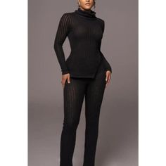 Devotion Ribbed Knit Sweater Pant Set - S / Black - Sets Chic Winter Loungewear Sets, Casual Ribbed Sets For Fall, Chic Stretch Winter Set, Fitted Ribbed Winter Sets, Chic Stretch Sets For Winter, Trendy Ribbed Winter Pants, Ribbed Stretch Winter Sets, Winter Ribbed Stretch Sets, Stretch Ribbed Winter Set