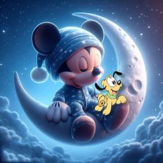 a mickey mouse sitting on the moon with a dog in it's lap looking at him