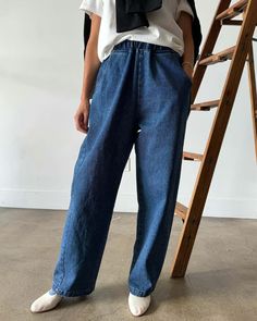 Long Arc Pants - Blue Denim – ban.do Casual Indigo Straight Pants, Relaxed Fit Indigo Wide Leg Pants, Indigo Wide Leg Bottoms With Relaxed Fit, Relaxed Fit Wide Leg Indigo Pants, Full-length Indigo Cotton Pants, Casual Indigo Straight Leg Bottoms, Casual Indigo Tapered Leg Pants, Baggy Straight Pants In Medium Wash, Casual Straight Leg Indigo Bottoms