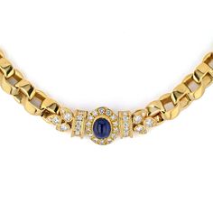 Indulge in the timeless elegance of this exquisite estate Van Cleef & Arpels necklace. Crafted with meticulous artistry, the necklace features a curb chain design that effortlessly combines sophistication and style. At its heart, a central station commands attention, measuring approximately 15mm in width. Here, a mesmerizing oval-shaped sapphire cabochon takes center stage approx. 2.50ct, boasting a semi-transparent light to medium blue hue. The sapphire, with its captivating color, exudes an ai Van Cleef Arpels Necklace, Sapphire Cabochon, Yellow Rings, Yellow Jewelry, Chanel Earrings, Central Station, Chain Design, Van Cleef Arpels, Vintage Engagement