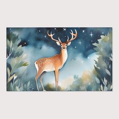 a painting of a deer standing in the woods with stars on it's antlers