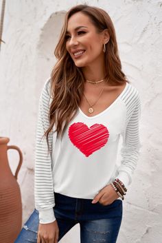 White Valentine Heart Print Mesh Patchwork Long Sleeve T-shirt Plus Size Kimono, Babydoll Shirt, Chic Jeans, Shape Matching, Babydoll Style, Tops Long Sleeve, Jeans Size Chart, V Neck Blouse, Valentine Heart