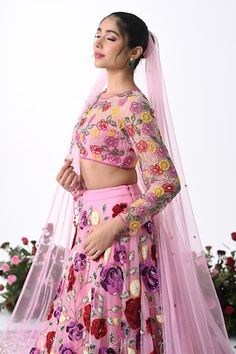 Rose pink attached cancan lehenga with all over gulaab garden embroidery using tonal 3D sequins, beads, cutdana highlights. Paired with a three fourth sleeves padded blouse with rosa cutdana embroidery, border embroidered net veil and a dupatta. - Aza Fashions Pink Semi-stitched Lehenga With Floral Embroidery, Fitted Pink Lehenga With Sheer Dupatta, Pink Lehenga With Floral Embroidery For Wedding, Semi-stitched Pink Choli With Floral Embroidery, Pink Semi-stitched Choli With Floral Embroidery, Floral Embroidered Pink Lehenga For Wedding, Fitted Pink Lehenga With Floral Embroidery, Pink Fitted Lehenga With Floral Embroidery, Pink Floral Embroidered Lehenga For Wedding