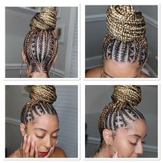 Blonde Braided Updo For Black Women, Blonde Cornrow Ponytail, Updo Feed In Braids, Cornrows Updo Bun, Upstyle Braids For Black Hair, Pretty Cornrows, Ponytail Braided Hairstyles, Braided Updo Black Hair, Ghana Cornrows