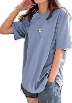 Embroidered Solid Color Short Sleeve Tops, Embroidered Short Sleeve Solid Tops, Embroidered Short Sleeve Tops, Oversized Embroidered Shirt For Summer, Embroidered Oversized Summer Shirt, Summer Oversized Embroidered Shirt, Blue Long Sleeve Solid Color T-shirt, Spring Blue Plain Shirt, Blue Short Sleeve Solid Color T-shirt