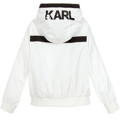 ✨ Elevate your little one's style with our latest addition to the Fashion Kids Collection by Karl Lagerfeld! Introducing the ultimate blend of fashion and functionality: our white zip-up jacket featuring the iconic Karl logo on the hoodie. 💫 With sleek black stripes adorning the chest and a modern design of nested rectangles on the pockets, this jacket exudes sophistication at every angle. Crafted from 100% polyester, it offers breathability while keeping your mini fashionista protected with its water-resistant finish. 🌧️ The ribbing detail on the sleeves and bottom, consisting of 98% polyester and 2% elastane, ensures a snug fit and adds a touch of sporty charm. Available in sizes ranging from 2 years to 16 years, it's the perfect statement piece for every young trendsetter. Don't just Urban White Hooded Jacket With Double-lined Hood, Trendy White Hooded Jacket For Streetwear, White Hooded Cotton Windbreaker, White Hooded Outerwear With Double-lined Hood, White Streetwear Hooded Jacket For Spring, White Hooded Jacket For Spring Streetwear, Trendy White Cotton Hooded Jacket, White Cotton Windbreaker With Drawstring Hood, White Windbreaker With Ribbed Cuffs For Fall