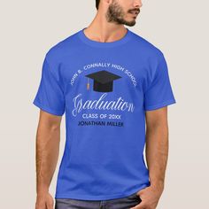 This cool custom senior graduation t-shirt features chic white typography under a high school or college name for the class of 2023. Customize with your name and year under the lovely calligraphy that reads graduate for a great graduation keepsake tee. Commemorative shirt gift for seniors. School T Shirts, Best Graduation Gifts, 2022 Graduation, 2023 Graduation, 2024 Graduation, College T Shirts, Popular Shirt, High School Senior, Blue T Shirt