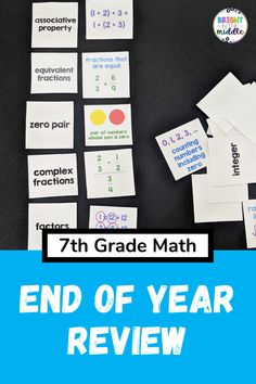 the end of year review for 7th grade math is shown with several pieces of paper