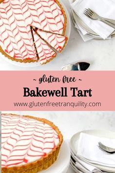 a close up of a cake on a plate with the words gluten free bakewell tart