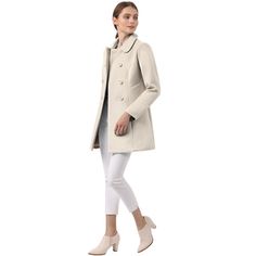 Timeless, sophisticated, and versatile, the regular-fit peacoat is an essential piece for your wardrobe. Cut in a short tailored silhouette with a doll collar, slanted pockets, and double-breasted front black buttons. Wear over chunky knitted jumpers and cute boots for a playful take on cold-weather textures. The fabric of this trench coat is soft, breathable, and comfortable to wear in winter, good quality, and chic. This fashionable and trendy clothes for women can not only be worn daily, but Classic Collared Outerwear For Office, Beige Fitted Pea Coat With Lapel Collar, Fitted Beige Pea Coat With Lapel Collar, Elegant Structured Outerwear For Office, Elegant Fitted Pea Coat With Lapel Collar, Cream Long Pea Coat For Work, Solid Collared Pea Coat For Work, Cream Long Pea Coat For Workwear, Elegant Collared Outerwear For Office