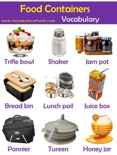 food containers and their names are shown in this graphic chart for kids to learn how to use