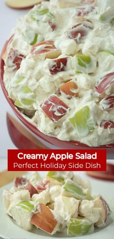 a bowl filled with apple salad on top of a table