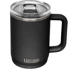 the camelbak coffee mug is black and silver