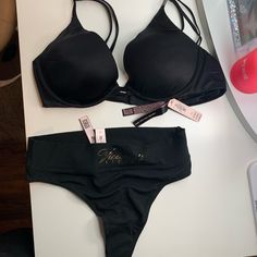 Black Bra And Panty Black Seamless Bra By Victoria's Secret, Victoria's Secret Black Party Bra, Victoria's Secret Black Brief Bottoms, Victoria's Secret Padded Push-up Bra, Victoria's Secret Black Push-up Bra, Victoria's Secret Partially Lined Push-up Bra, Victoria Secret Bras, Bra And Panty Sets, Bras And Panties