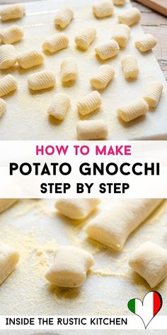 how to make potato gnocchini step by step in the kitchen with text overlay