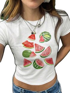 Green Crew Neck Summer Shirt, Green Crew Neck Shirt For Summer, Pink Fruit Print Tops For Summer, Cute Multicolor Summer Shirt, Cute Green Printed Top, Fun Green Printed Tops, Fruit Print Tops For Beach In Spring, Fitted Summer Vacation T-shirt, Cute White Fruit Design Tops