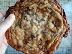 a person holding up a chocolate chip cookie