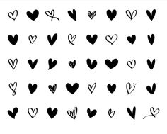 black and white hearts drawn in different ways on a white background with the words love written below them