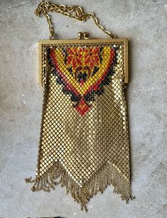 1920s Art Deco Enamel Metal Mesh Chain Link Antique Evening Bag See pictures next to ruler for scale Vintage Gold Bag With Chain, Art Deco Rectangular Handmade Bag, Handmade Rectangular Art Deco Bag, 1920s Art, 1920s Art Deco, Metal Mesh, Clutch Handbag, Ruler, Chain Link