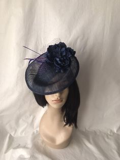 Dark Navy Blue Kentucky Derby fascinator hat, Tea party hat, Easter Women's church hat, Elegant Formal Mini Hat With Handmade Flowers, Elegant Mini Hat With Handmade Flowers For Formal Occasions, Formal Blue Fascinator With Handmade Flowers, Formal Hat Fascinator With Handmade Flowers, Formal Fascinator Hat With Handmade Flowers, Evening Fascinator With Handmade Flowers, Handmade Flower Fascinator For Formal Events, Elegant Formal Costume Hat With Handmade Flowers, Elegant Formal Costume Headpiece With Handmade Flowers