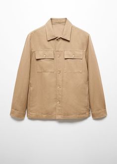 100% 亚麻常规版型外套式衬衫 - 男装 | 100% 亚麻芒果人美国 Brown Collared Utility Jacket With Buttoned Pockets, Classic Brown Tops With Patch Pockets, Brown Relaxed Fit Top With Patch Pockets, Beige Tops With Flap Pockets, Brown Cotton Shirt With Buttoned Pockets, Brown Workwear Tops With Patch Pockets, Brown Tops With Patch Pockets For Work, Brown Tops With Welt Pockets For Work, Brown Shacket With Lapel Collar And Patch Pockets