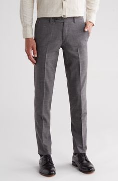 A blend of wool, silk and linen brings polish and comfort to flat-front dress pants styled with slightly relaxed construction and crisp creases down the legs. 14 1/2" leg opening; 9 1/4" front rise; 16" back rise (size 36) Zip fly with button-tab closure Front slant pockets; back button-welt pockets Unhemmed 70% wool, 20% silk, 10% linen Dry clean Made in Italy Elegant Tailored Linen Dress Pants, Formal Linen Dress Pants With Straight Fit, Tailored Linen Dress Pants For Formal Occasions, Formal Linen Dress Pants, Straight Cut, Classic Linen Dress Pants For Business, Formal Linen Straight Dress Pants, Classic Semi-formal Linen Dress Pants, Classic Linen Dress Pants For Semi-formal Occasions, Tailored Classic Linen Dress Pants