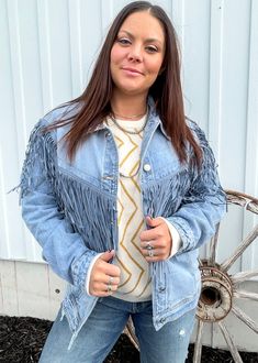 True to size with a slightly relaxed fit (I can wear my normal size medium and still layer a sweater underneath) Button front and side pockets Denim material with light weight denim fringe along the chest & sleeves 70% cotton 28% polyester 2% spandex ••FINAL SALE•• Fall Cotton Denim Jacket With Frayed Hem, Cotton Denim Jacket With Frayed Hem For Fall, Casual Fringe Denim Jacket For Spring, Fall Light Wash Denim Jacket With Frayed Hem, Fall Cotton Denim Jacket With Fringe, Fringe Cotton Denim Jacket For Fall, Casual Medium Wash Outerwear With Fringe, Fall Fringe Cotton Denim Jacket, Cotton Denim Jacket With Fringe