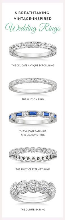 five different types of wedding rings in white gold, blue and green sapphire stones with the names