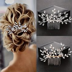 three photos of the back of a woman's head wearing a wedding hair comb