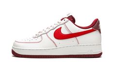 White/red leather Air Force 1 '07 sneakers from NIKE featuring signature Swoosh logo detail, embroidered logo to the rear, contrast stitching, round toe, perforated detailing, front lace-up fastening, logo patch at the tongue, branded insole and rubber sole.  These styles are supplied by a premium sneaker marketplace.  Stocking only the most sought-after footwear, they source and curate some of the most hard to find sneakers from around the world. . Team Red, Swoosh Logo, Nike Air Force 1 Low, Air Force 1 Low, Jd Sports, Red Shoes, Nike Air Force 1, White Nikes, Nike Air Force Sneaker