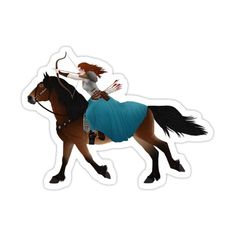 a woman riding on the back of a brown horse wearing a blue skirt and boots