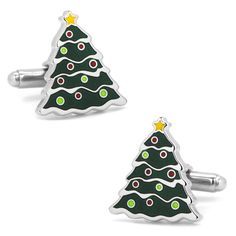 Bring the joy of the holiday season into your wardrobe with this set of classic Christmas tree cufflinks. Featuring raised metal elements filled with brightly-colored enamel, these tiny trees also feature a miniature star topper and decorations. Includes an individual gift box. Seasonal Christmas Tree, Classic Christmas Tree, Christmas Style, Christmas Tree Design, Holiday Wardrobe, Christmas Men, Tree Design, Cufflinks Men, Design Silver