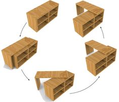 four wooden shelves arranged in the shape of a circle with arrows pointing to each other