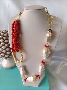 Hand made with Natural coral threads and 5 large scaramazze pearls. Nickel free chain. 925 silver clasp. Shipped in gift box. Thank you for visiting my shop. I'm available for any clarification. Mary's laboratory Coral Jewelry Set Owame Shop, Luxury Coral Gemstone Beads Jewelry, Luxury Coral Beaded Necklace, Luxury Handmade Coral Jewelry, Luxury Handmade Coral Necklace, Luxury Coral Beaded Necklaces For Formal Events, Handmade Luxury Red Pearl Necklace, Multi Strand Pearl Necklace Tutorial, Luxury Pearl Necklace With Lobster Clasp And Round Beads