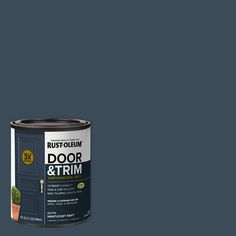 a paint can with the words door and trim painted on it in dark blue tones