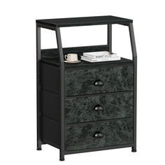 a black cabinet with three drawers and a book shelf on the bottom one drawer is open