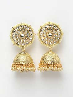 These gorgeous gold-toned round floral jhumki earrings come with kundan stone studs and off-white beads, are gold-plated, and secured with a post and back closure. These handcrafted dome jhumkis can be styled with any traditional outfit, or an evening outfit to complete a captivating look. Product color may vary based on the monitor or screen you are using.See FAQ for more details. Size Length: 8 cm Details Material: BrassStones: Kundan & Artificial BeadsPlating: Gold-plated Gold Kundan Jhumkas For Festivals, Gold Kundan Jhumkas For Diwali, Bollywood Style Gold Kundan Jhumkas, Gold Bollywood Brass Jhumkas, Festival Gold Plated Cutdana Jhumkas, Gold Brass Bollywood Jhumkas, Brass Chandbali Jhumkas For Diwali, Diwali Brass Chandbali Jhumkas, Bollywood Style Gold Brass Jhumkas