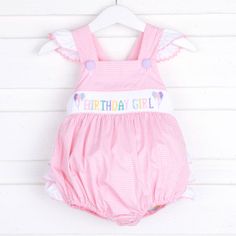 This Birthday Girl Smocked Pink Leah Bubble is perfect for your little one’s birthday celebration! It features charming smocked details with 'Birthday Girl' and festive balloons, plus sweet back ruffles and convenient snaps for easy changing. It’s sure to make her day extra special Golf Birthday Party, 1st Birthday Outfit, Girls Smock, Golf Birthday, Birthday Party Outfits, Baby 1st Birthday, 1st Birthday Outfits, Ric Rac, Pink Gingham