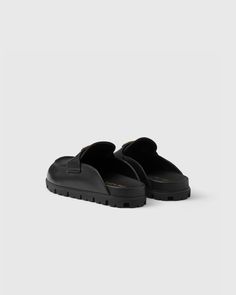 Upper with leather band Leather lining Enameled metal triangle logo Rubber sole, height: 20 mm Lug sole Leather-covered insole Prada Mules, Black Leather Shoes Women, Mules Women, Black Leather Mules, Hybrid Design, Suede Mules, Prada Leather, Triangle Logo, Black Leather Shoes