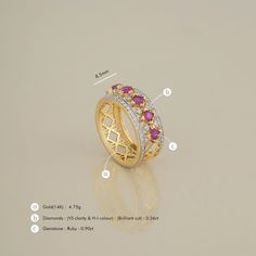 Gold(14K) : 4.75g Diamonds : (VS clarity & H-I colour) : (Brilliant cut ) : 0.56ct Gemstone : Ruby : 0.90ct Ruby Band Ring, Ruby Bands, Stackable Ring Sets, Handmade Packaging, Instagram Famous, Ruby Ring, Its My Birthday, Ear Studs, Band Ring